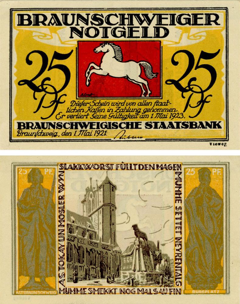 Коллекционная банкнота Германия Нотгельд 25 пфеннигов 1921 F-VF Старый Брауншвейг (Б16177)
