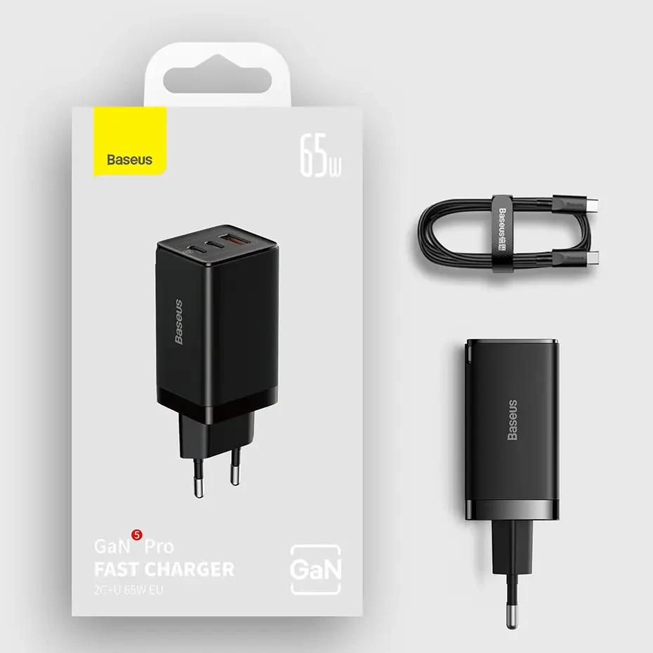 Зарядное устройство для быстрой зарядки BASEUS 65W GaN5 2 Type-C/USB и кабель Type-C Черный (2395452903)