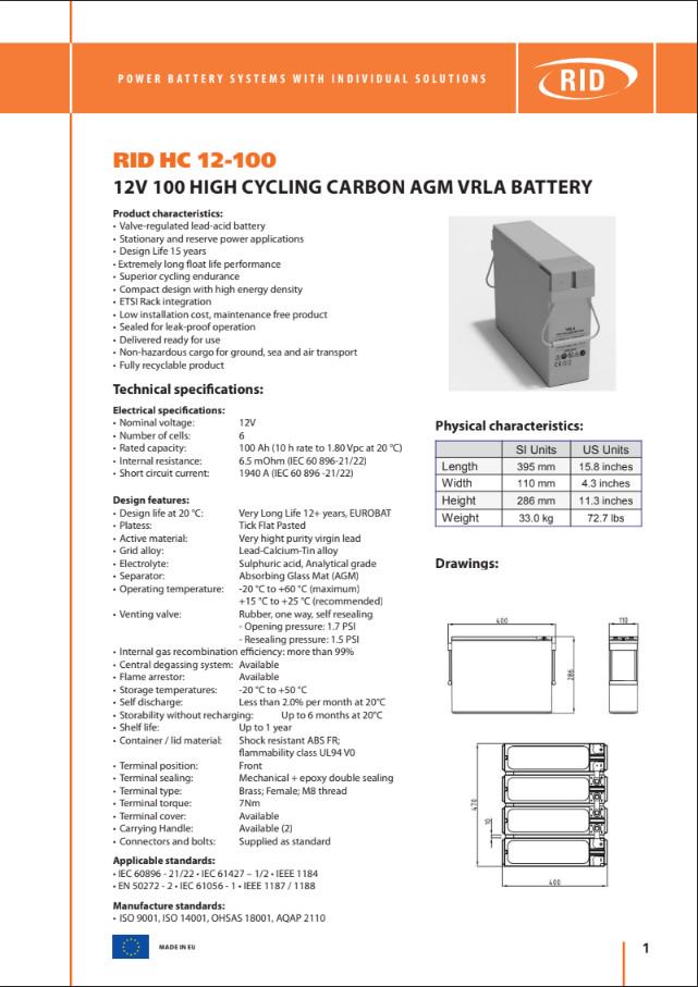 Батарея для ДБЖ RID HC акумуляторна 12V 100 Ah (RID HC 12-100) - фото 2