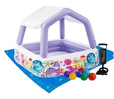 Бассейн надувной детский Intex Океан виниловый со съемным навесом/насосом/подстилкой и шариками 295 л Сиреневый (21-9-57470-2)