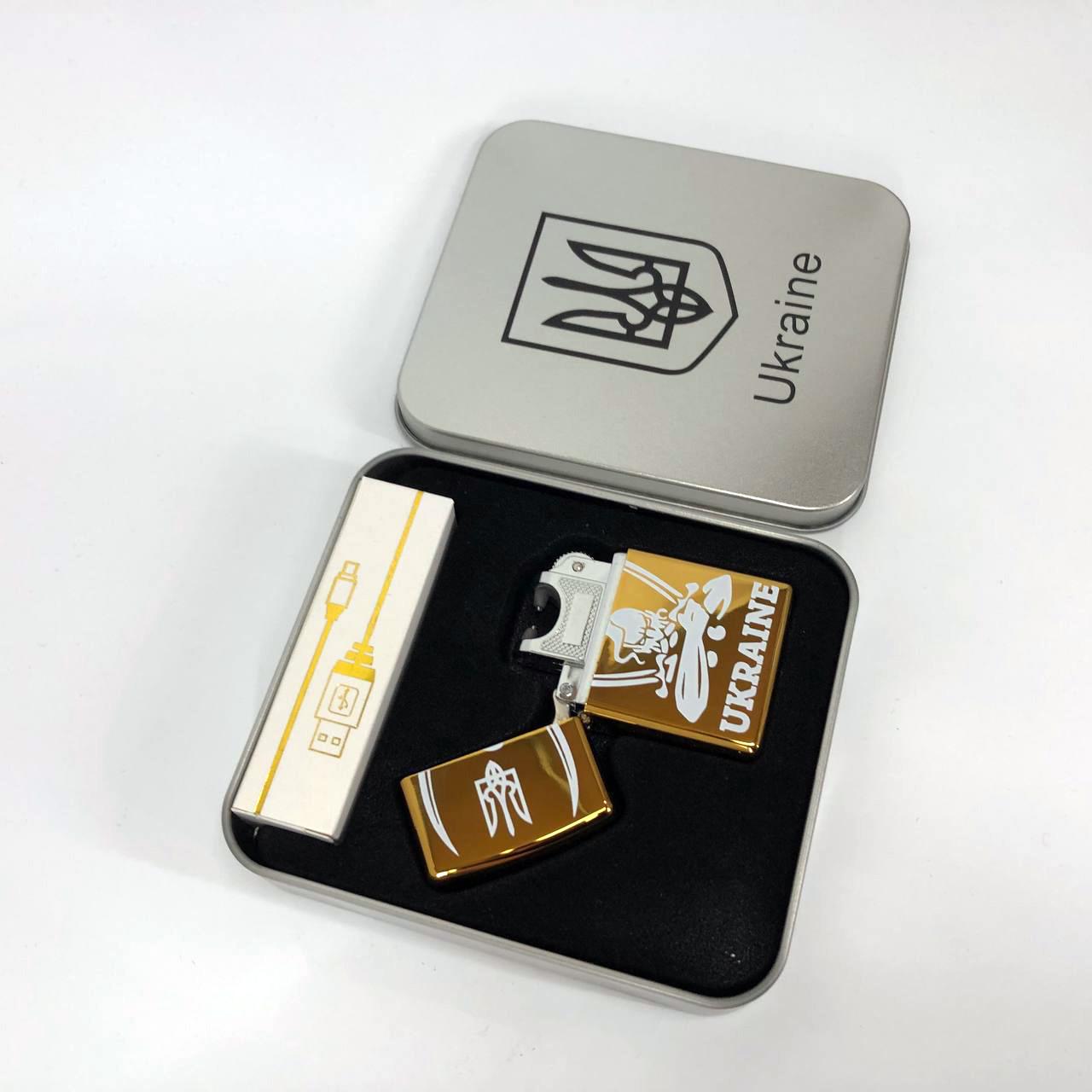 Зажигалка дуговая электроимпульсная USB Украина металлическая коробка Золотой (HL-449) - фото 3 Зажигалка дуговая электроимпульсная USB Украина металлическая коробка Золотой (HL-449) - фото 3