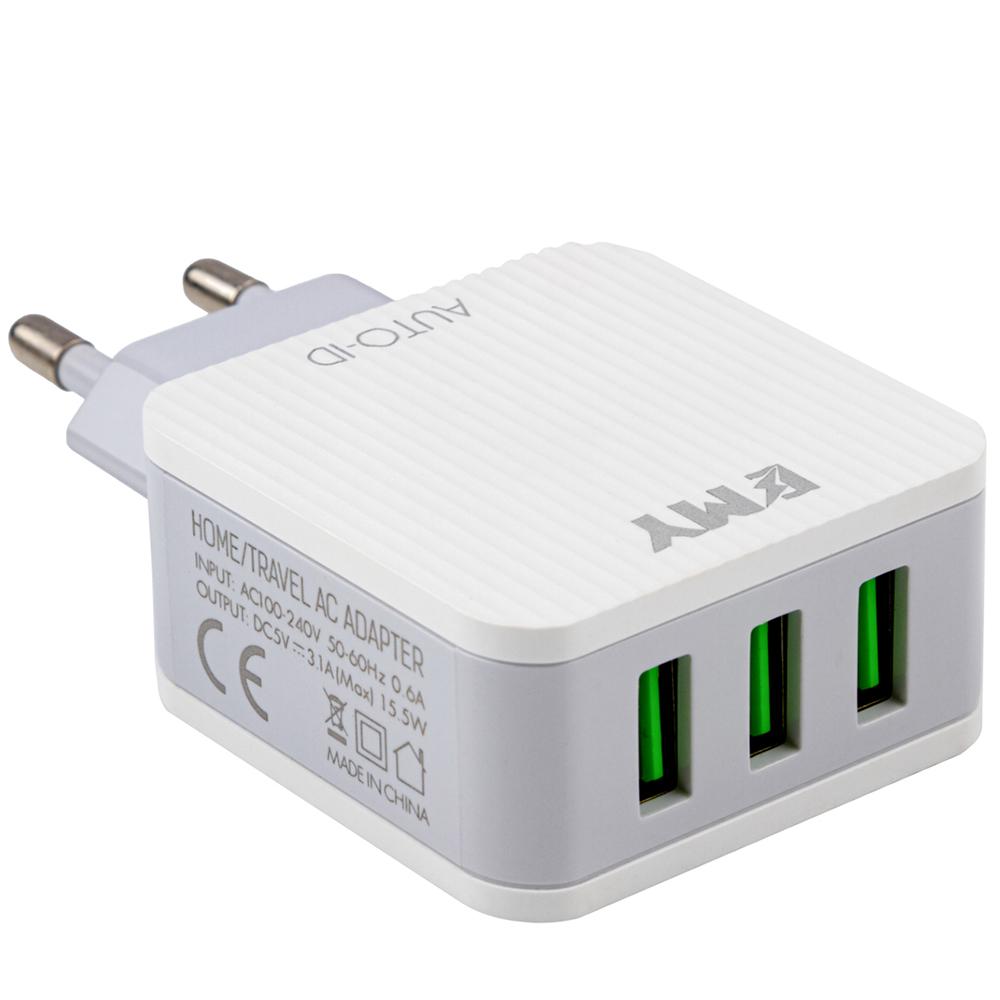 Мережевий зарядний пристрій Emy MY-A303 3USB 3.1 А 15.5 Вт та кабель Lightning White (MY-A303-LW)