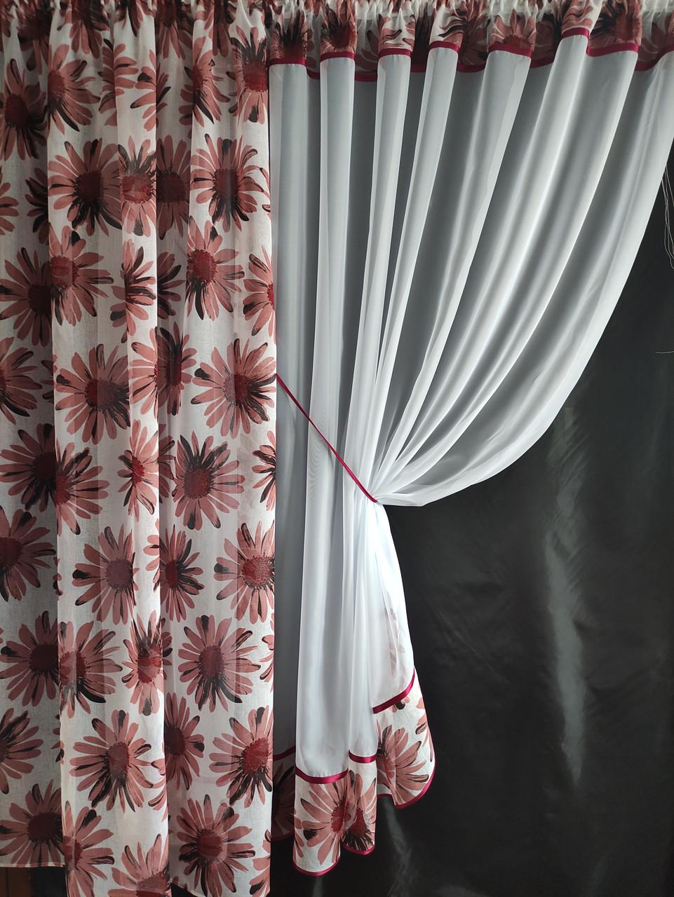 Комплект на кухонное окно Ромашка шифон и батист с цветами 290х190 см Белый/Терракотовый (ромашка-04) - фото 2