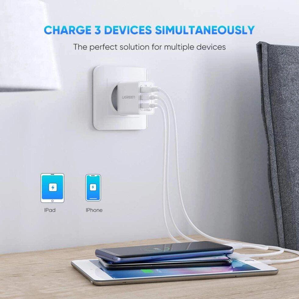 Зарядное устройство сетевое UGREEN ED013 3хUSB White (50817) - фото 3 Зарядное устройство сетевое UGREEN ED013 3хUSB White (50817) - фото 3