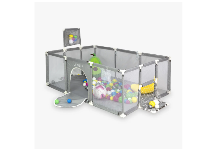 Манеж Lionelo з сітчастими стінками кошиком для м’ячів та воротами Сірий