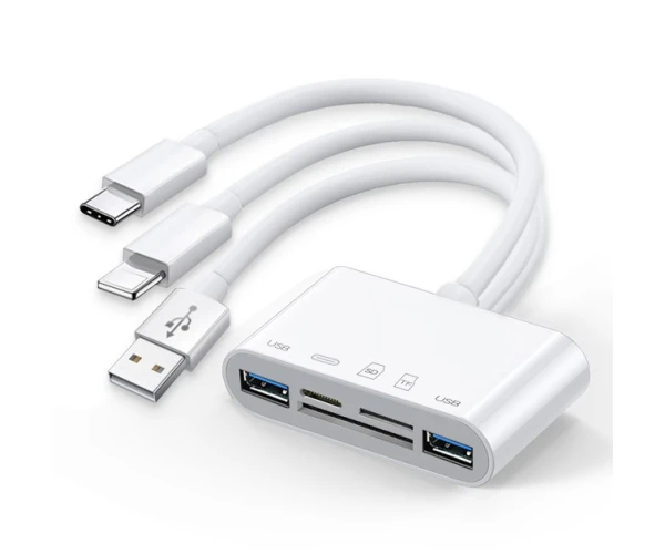 Адаптер переходник OTG картридер Lightning/2USB/SD/TF to USB/Lightning/Type-C White