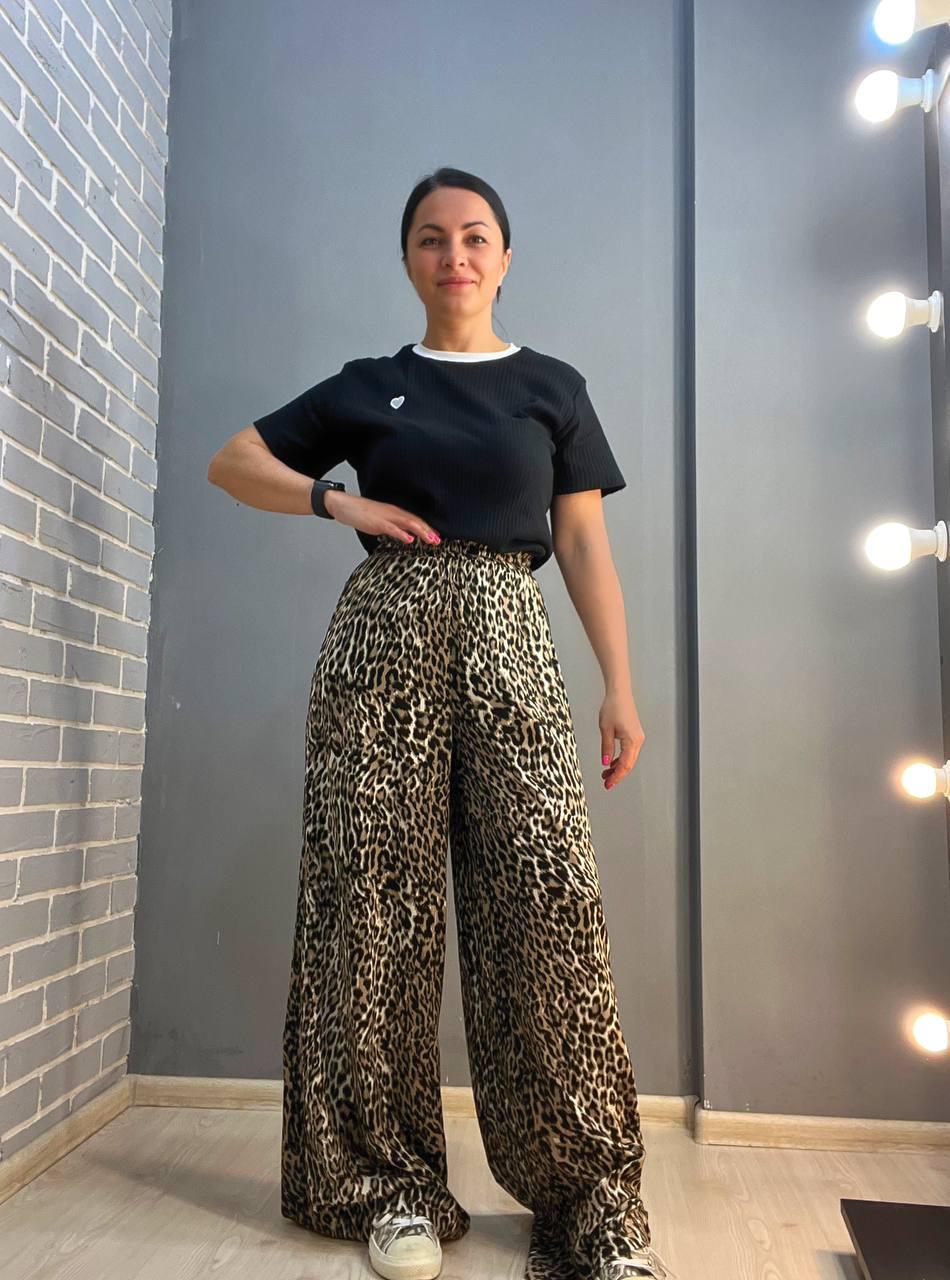 Брюки женские Irel 2080 пояс резинка леопардовый принт широкие палаццо OS Темно-коричневый (2104) - фото 4 Брюки женские Irel 2080 пояс резинка леопардовый принт широкие палаццо OS Темно-коричневый (2104) - фото 4