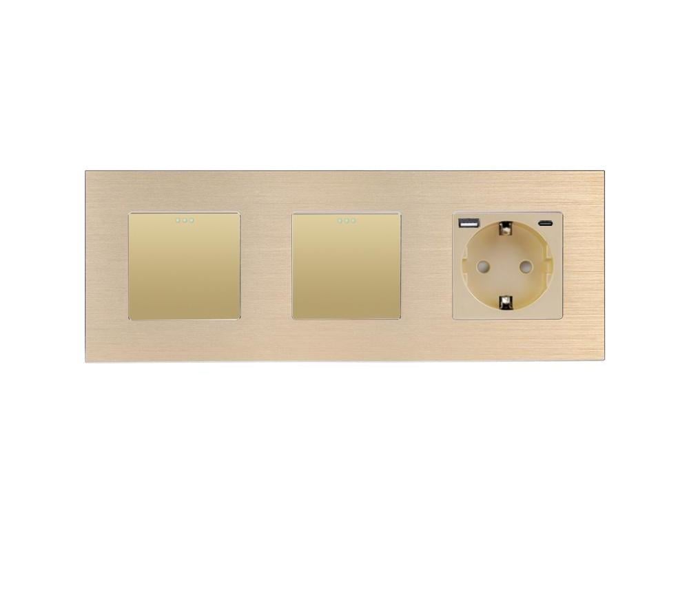 Выключатель перекрестный WALLPAD 2-клавишный 1-1 с розеткой USB A+C 20Вт с заземлением алюминий Золотой