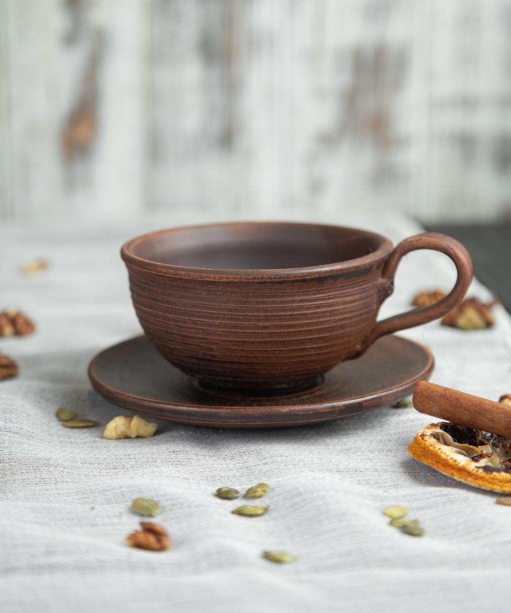 Чашка Винт с блюдцем из красной глины ручная работа 200 мл (1370-1372)