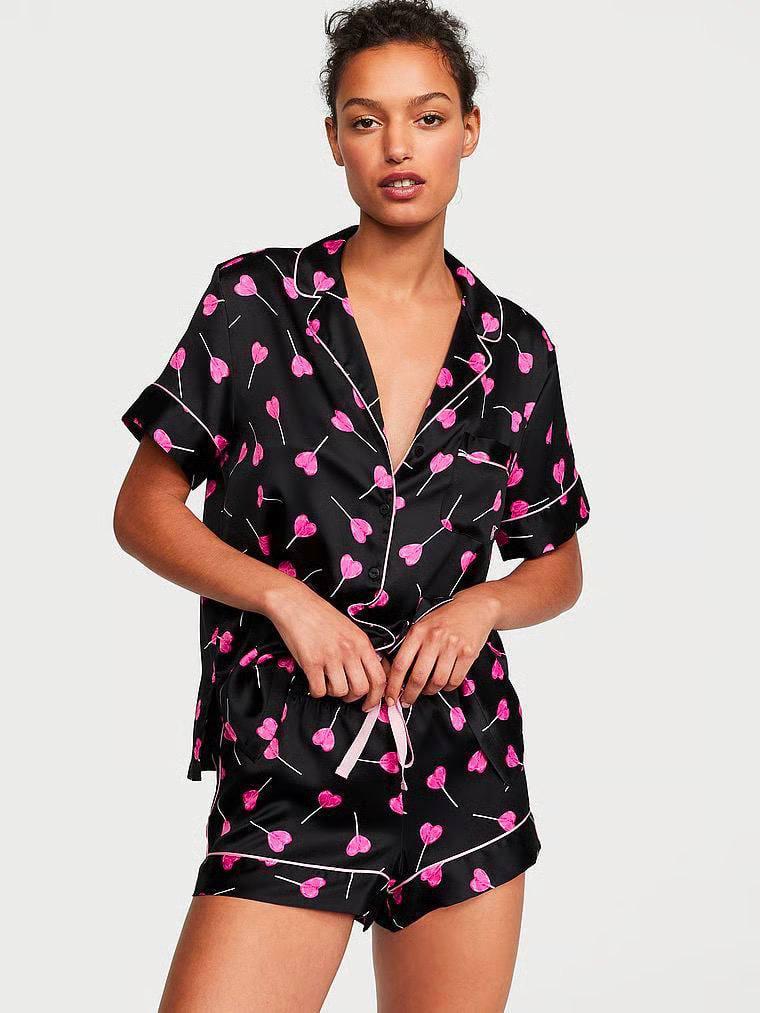 Піжама сорочка/шорти сатинова Victoria's Secret Satin Short Pajama Set S Чорний (26747469)