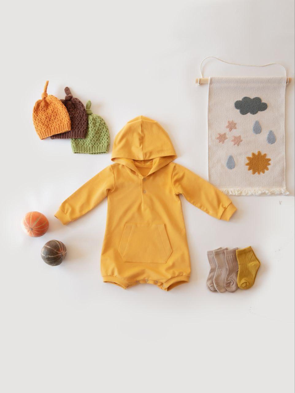 Боди-свитшот для малыша с капюшоном и карманом 68 см Горчичный (2686526335)
