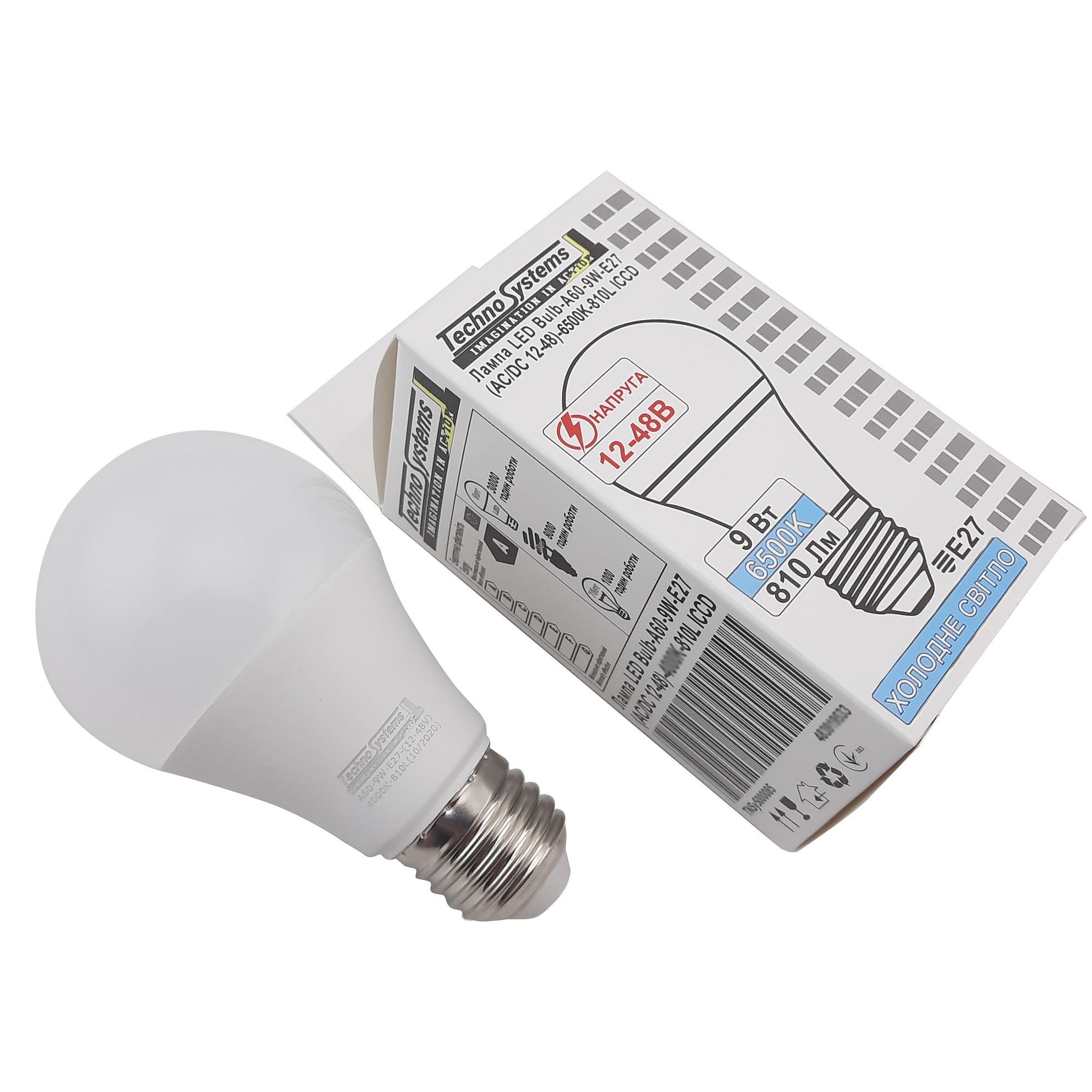 Світлодіодна лампа TechnoSystems LED Bulb A60-9W-E27-AC/DC 12-48V-6500K-810L ICCD (TNSy5000554)