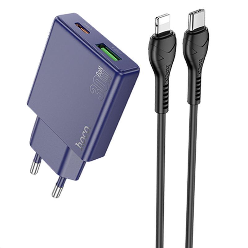 Зарядний пристрій мережевий Hoco N45 Biscuit PD30W/QC3.0 з Type-C to Lightning Titanium Blue (00000071065_2)