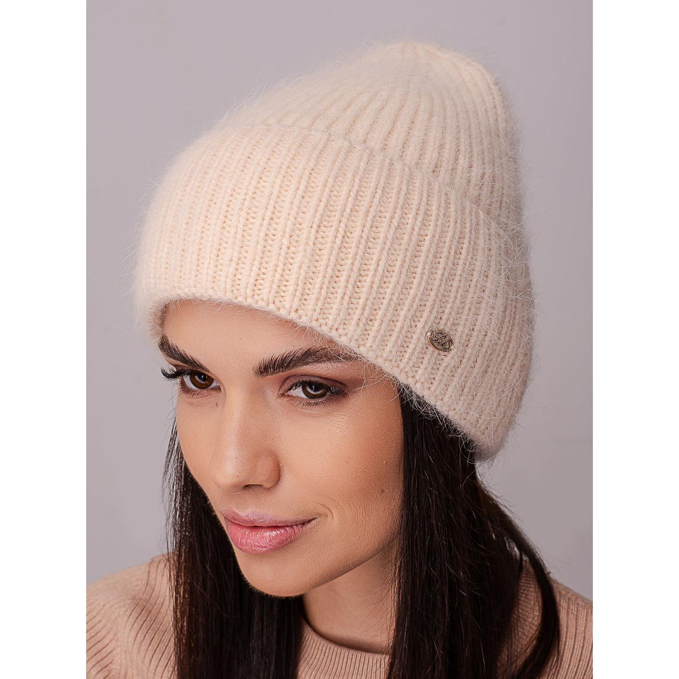 Шапка ангоровая Leks ТРЮФЕЛЬ в рубчик с отворотом утепленная флисом one size Жемчужина (205080) - фото 1