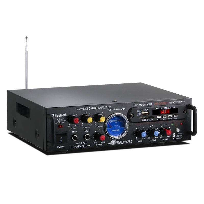 Усилитель звука 2-канальный 2x150 Вт 12V/220V для колонок и автомобиля с USB/FM Bluetooth (AV-339BT)