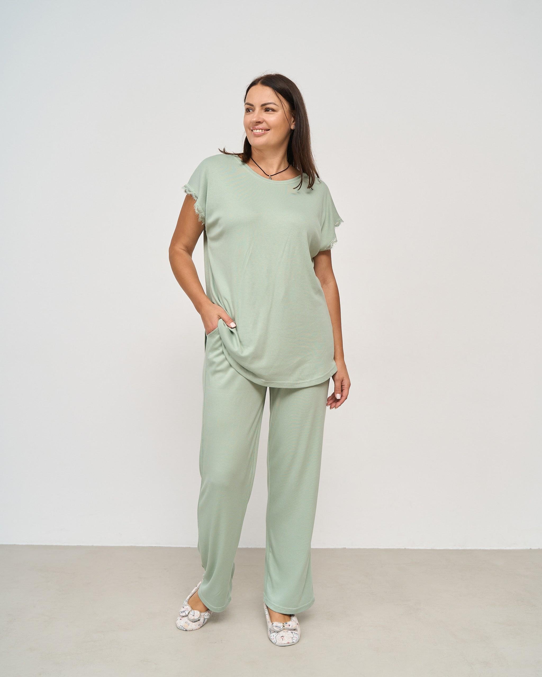 Пижама женская с брюками батал бамбук 2XL Светлый хаки (115001)