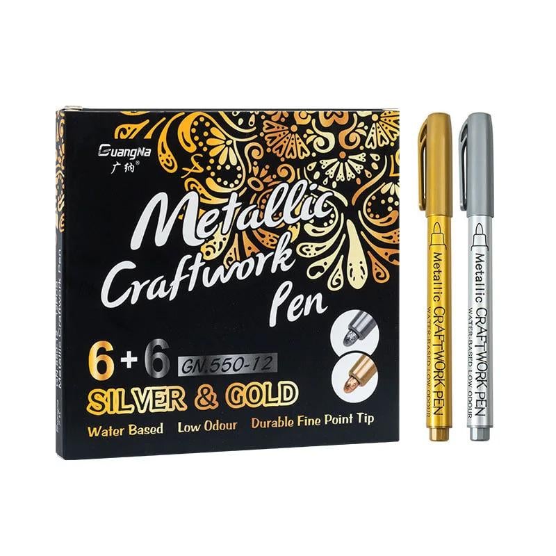 Набор маркеров металлик на водной основе Metallic Craftwork Pen для рисования и творчества 6 золотистых и 6 серебристых 12 шт.