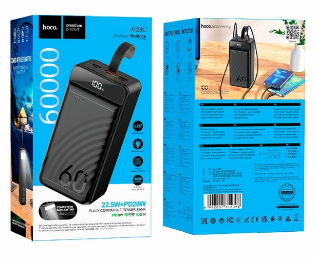 Повербанк Hoco J123C Element 60000 mAh 22.5W 3USB/Type-C/Lightning із швидкою зарядкою QC3.0+PD3.0 Black (00039) - фото 9