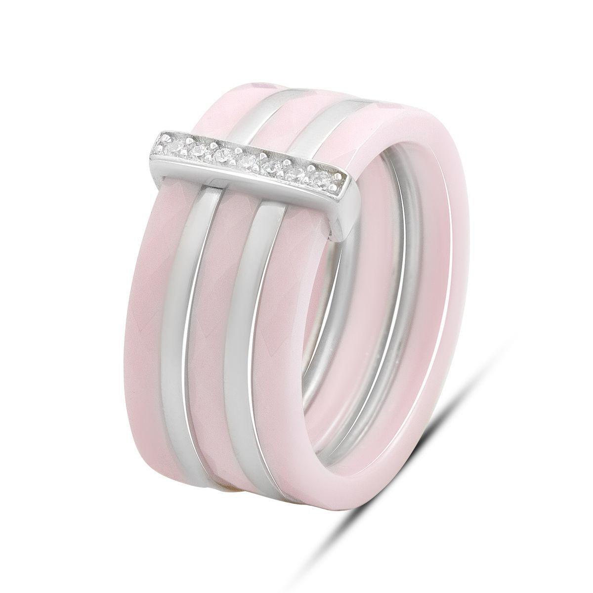 Кольцо серебряное с розовой керамикой и акцентной линией фианитов р. 17