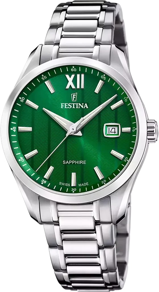 Наручные часы мужские Festina F20026/3 Classics Swiss Made со стальным корпусом/сапфировым стеклом WR 50 м и зеленым циферблатом