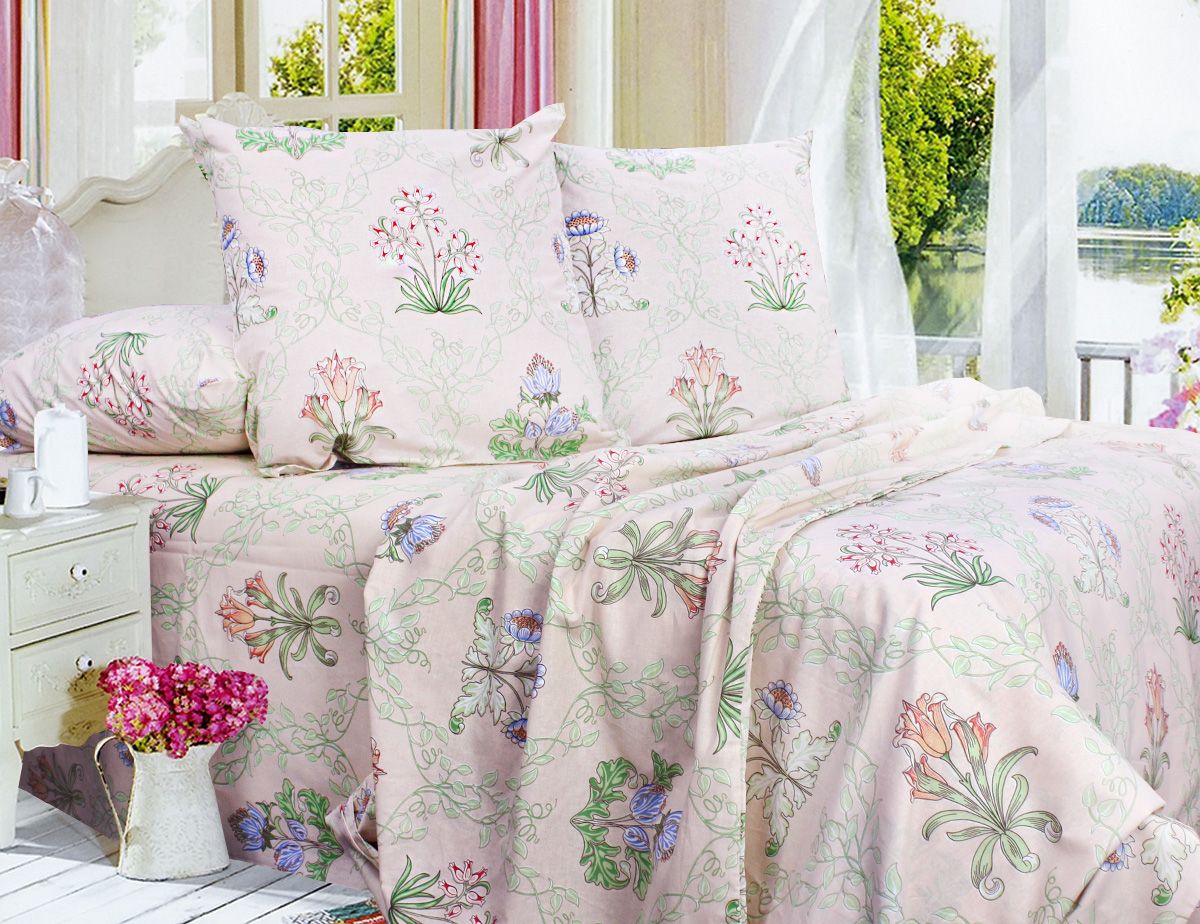 Полуторный постельный комплект Т0640 Еней-плюс, цвет: персиковый, зеленый