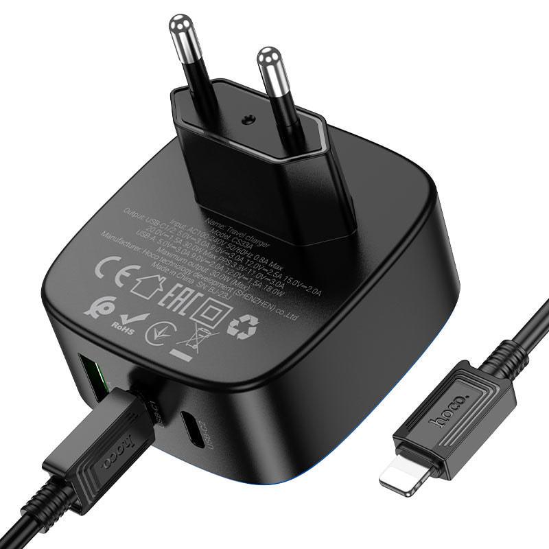 Зарядка швидка Hoco CS33A QC3.0 30W USB/2 Type-C кабель Lightning Black (36797) - фото 4