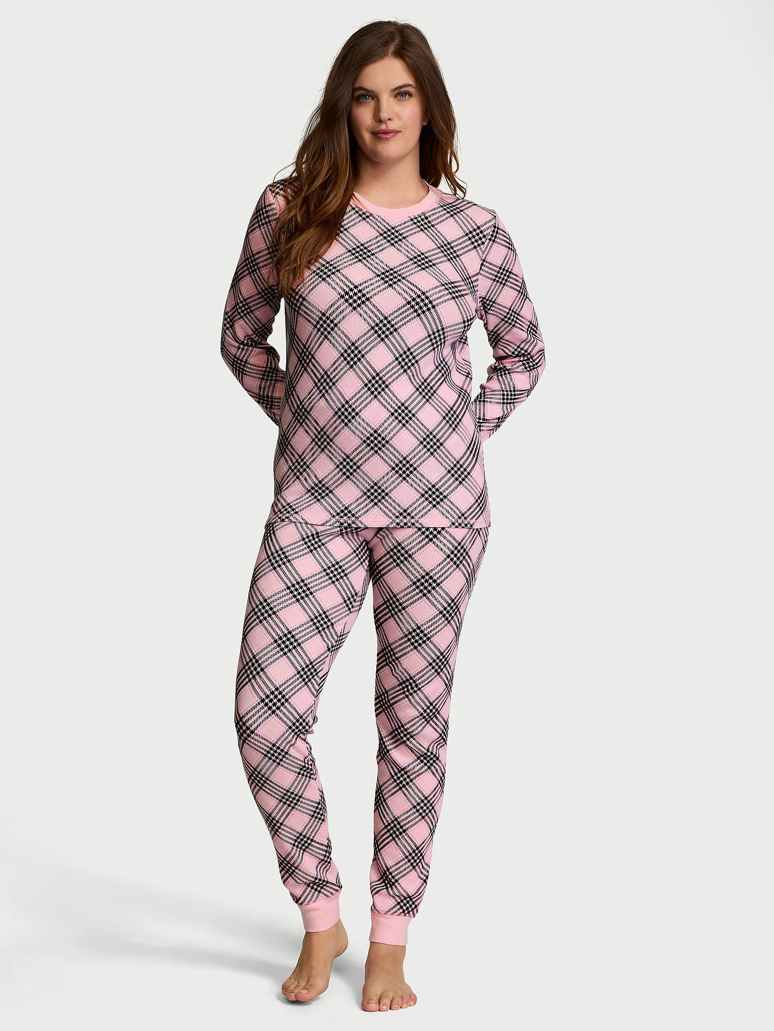 Піжама жіноча термо Victoria's Secret Thermal Long Pajama Set бавовняна S Рожевий в клітинку (23273955)