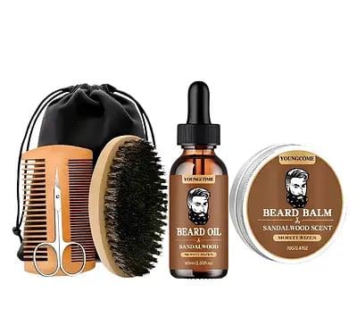 Набор по уходу за бородой комплексный YoungCome Сандаловый аромат Масло 60 мл Бальзам 70 г Расческа Щетка Ножницы (29519461)