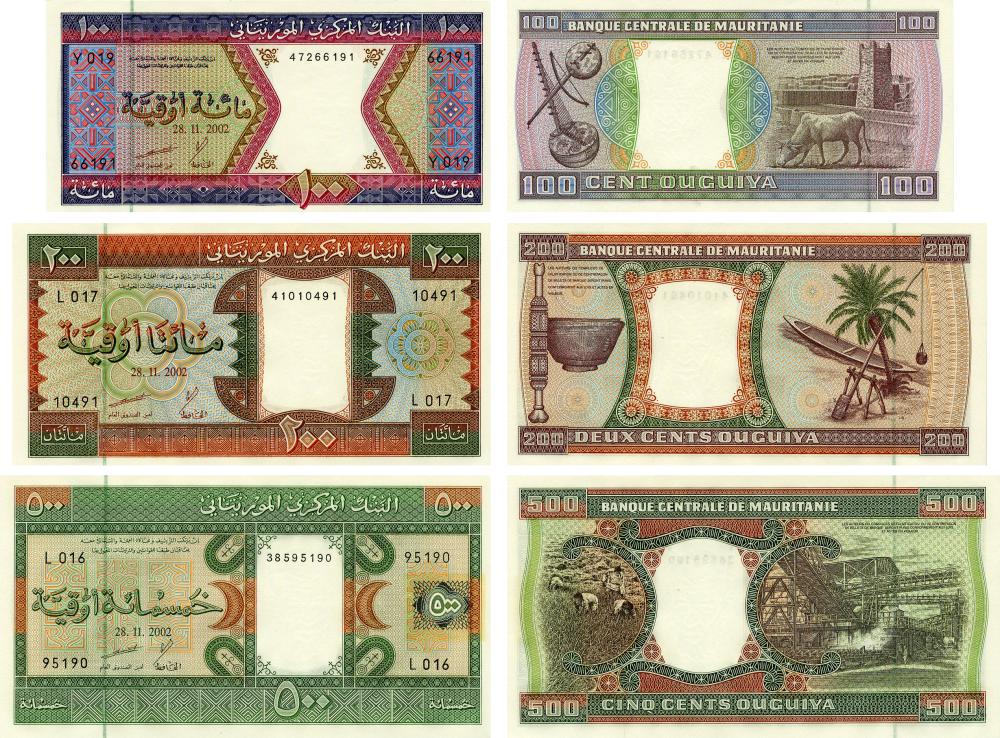 Коллекционный набор из 3 банкнот Мавритания 2002 UNC 100/200/500 угий