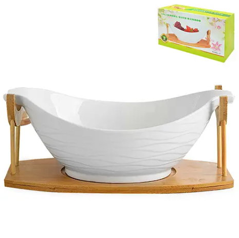 Фруктовниця порцелянова Stenson 817893 14" на бамбуковій підставці 35х21х14 см White classic (NA005222)