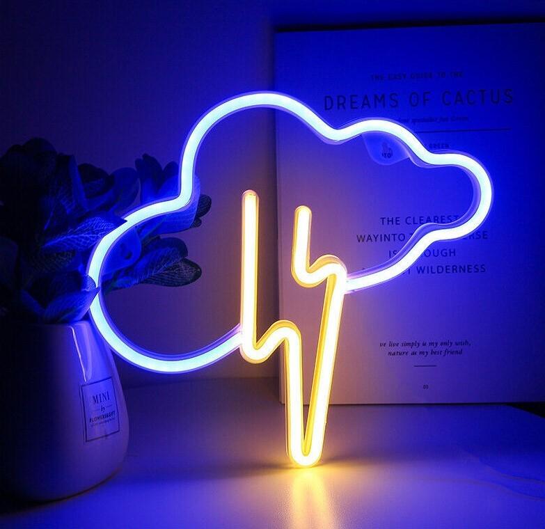 Нічник настінний неоновий Decoration Lamp Хмара з блискавкою USB 5 В 3хАА 30х27 см Синій/Жовтий (13543504) - фото 1