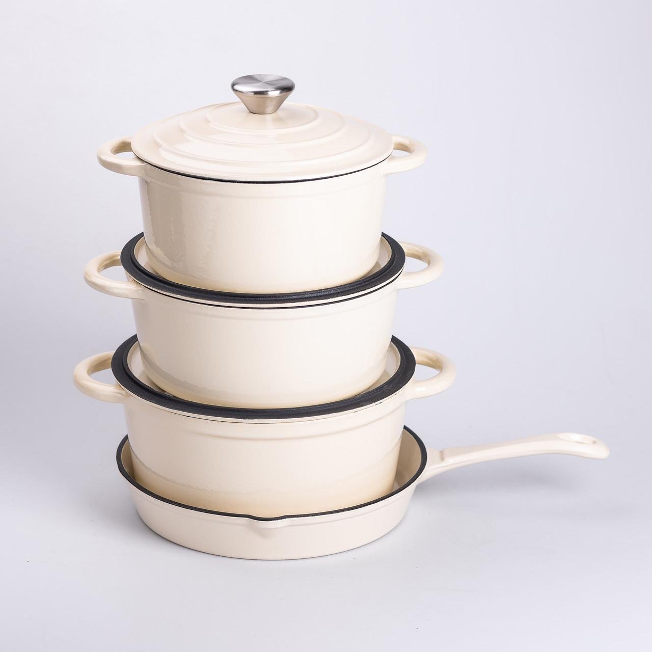 Набор чугунной посуды для приготовления с эмалированным покрытием сковорода/3 кастрюли Бежевый (6820) - фото 3