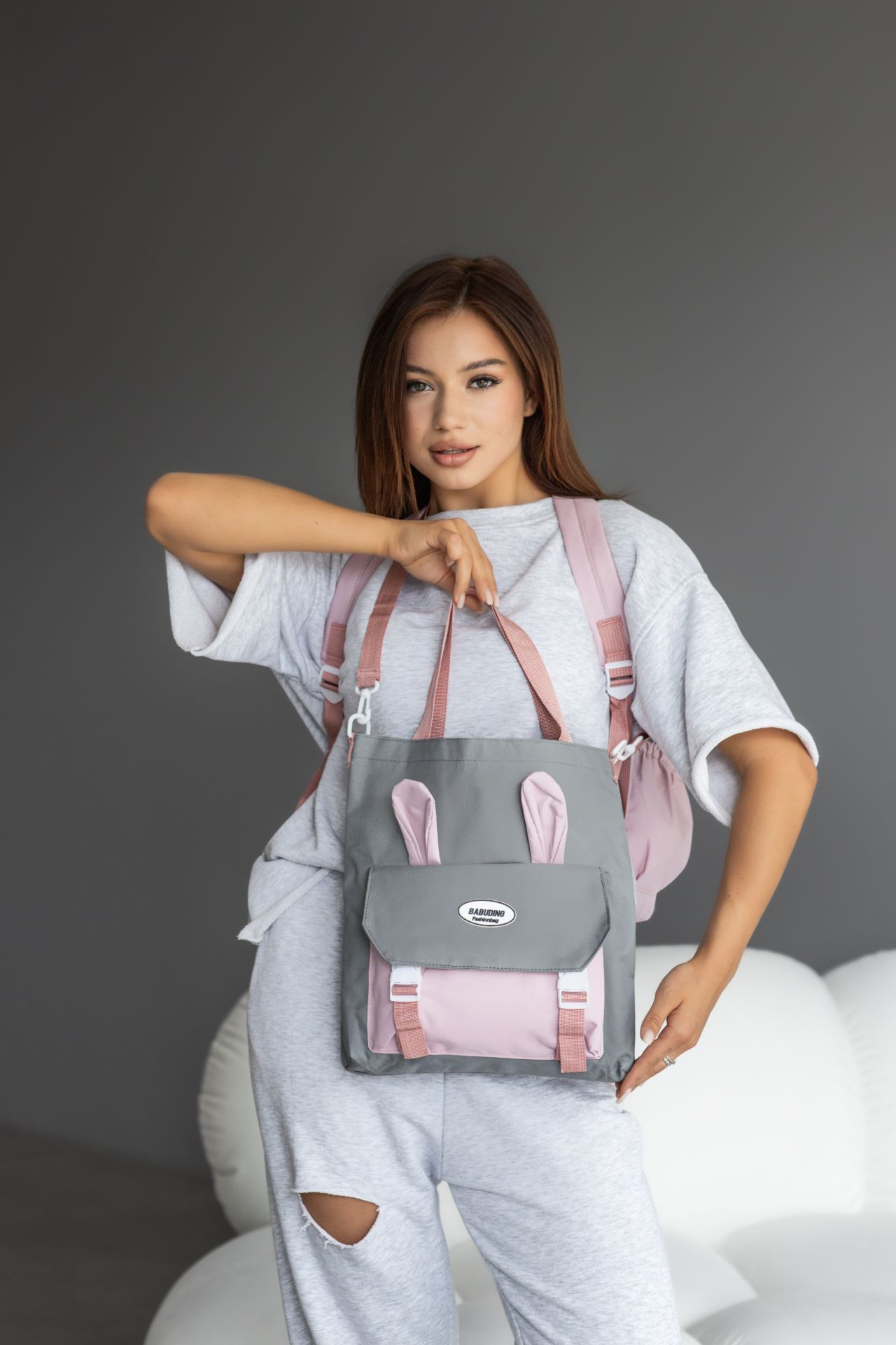 Школьный рюкзак для девочки Ушки 3в1 5-11 класс Серо-Розовый (27668039) - фото 6