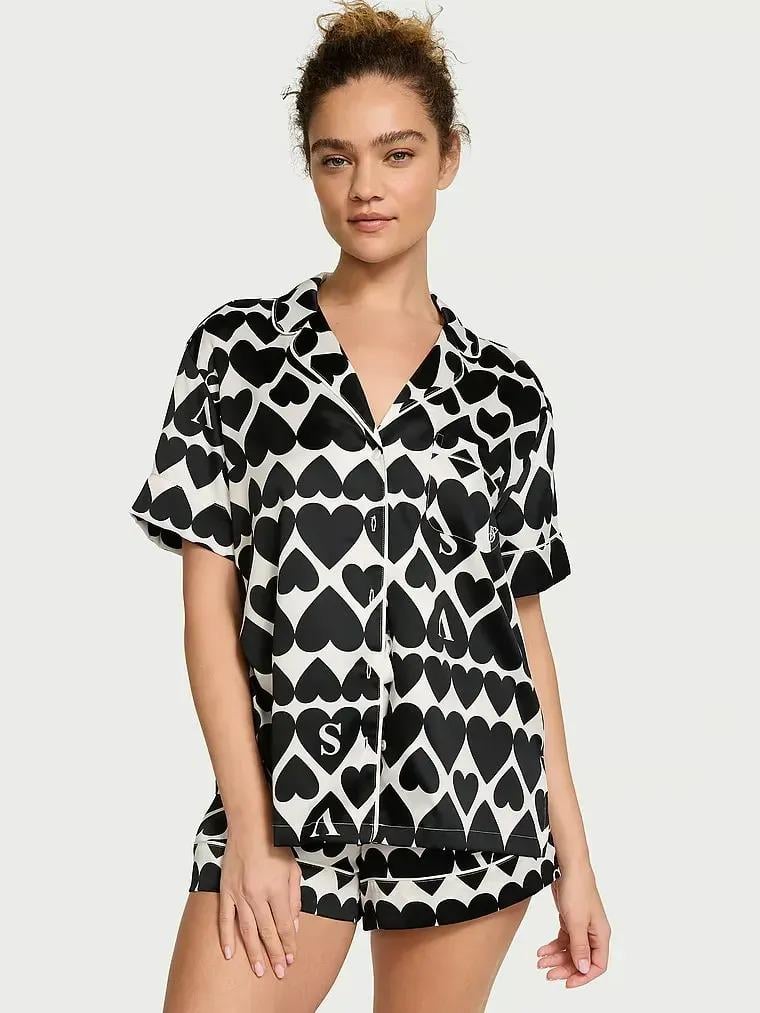 Піжама сатинова сорочка/шорти Victoria's Secret Glazed Satin Short Pajama Set S Чорний (26985660)