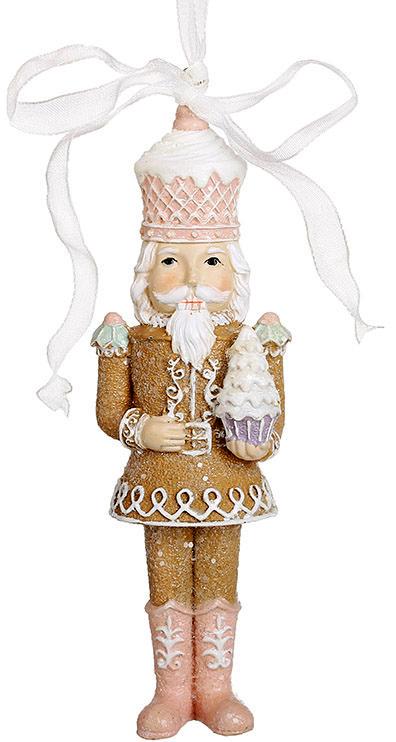 Набор 12 декоративных подвесок Пряничный Щелкунчик с глиттером 12 см Имбирный с розовым