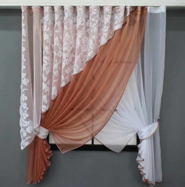 Шторки на кухню 310х170 см Пудровый/Белый (063к)