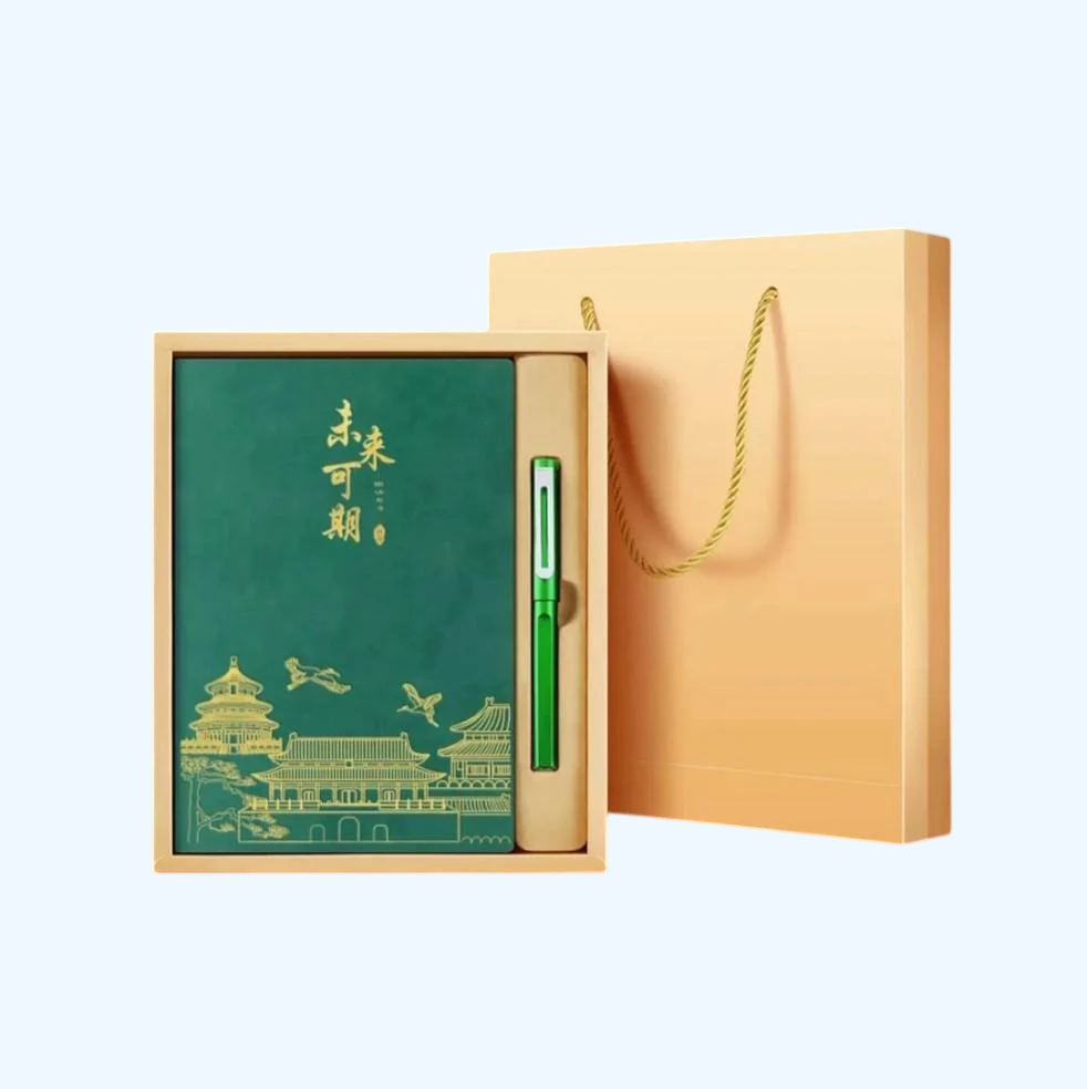 Набор подарочный А4 блокнот и ручка в коробке с пакетом Зеленый/Золотой (30546903)
