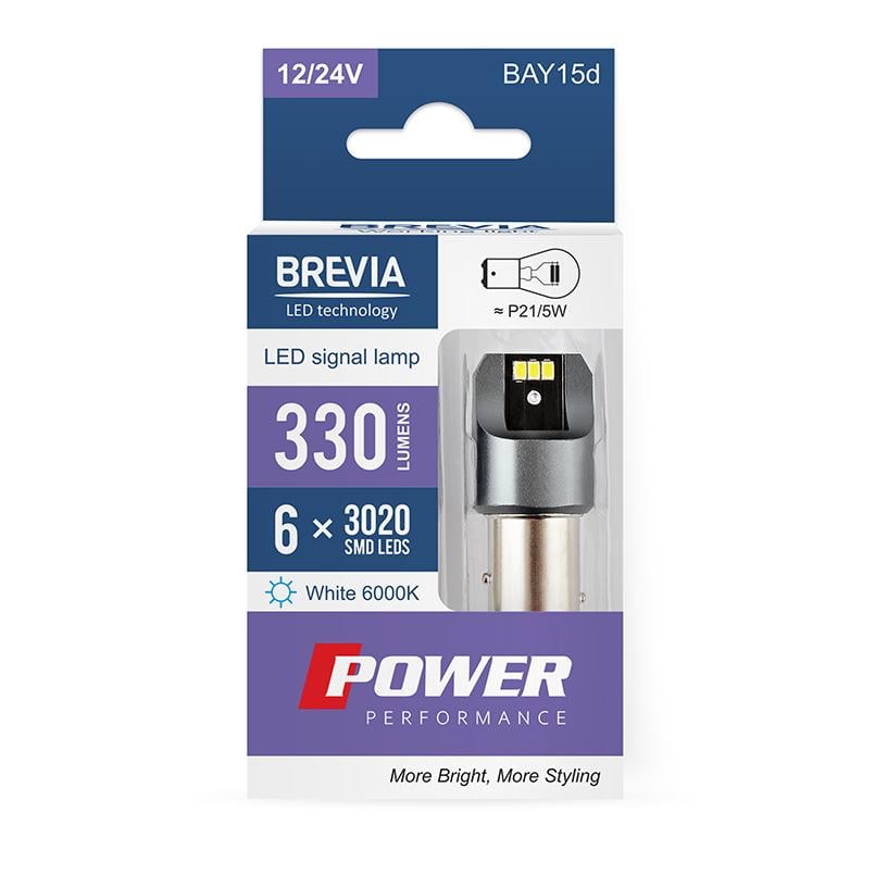 Автолампа LED Brevia Power P21/5W 330Lm 6x3020SMD 12/24V CANbus 2 шт. (10103X2)