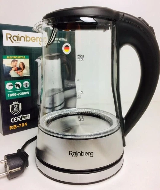 Электрочайник стеклянный Rainberg RB704 с LED-подсветкой 2200W 2 л Черный Электрочайник стеклянный Rainberg RB704 с LED-подсветкой 2200W 2 л Черный