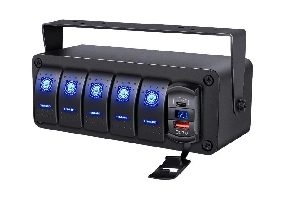 Панель блок перемикачів 5 кнопок з підсвічуванням кнопок та наклейки 2хUSB PD/QC3.0 Панель блок перемикачів 5 кнопок з підсвічуванням кнопок та наклейки 2хUSB PD/QC3.0