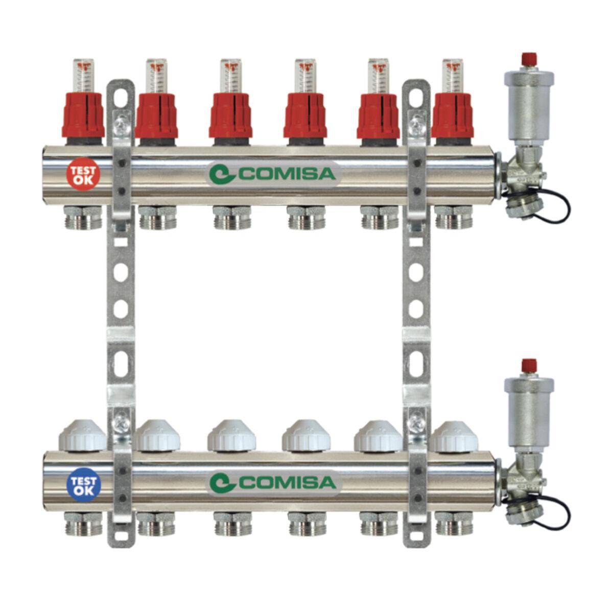 Розподілювач для опалення COMISA 3/4" 6 виходів з витратомірами і повітряними клапанами (TK-88.08.144)