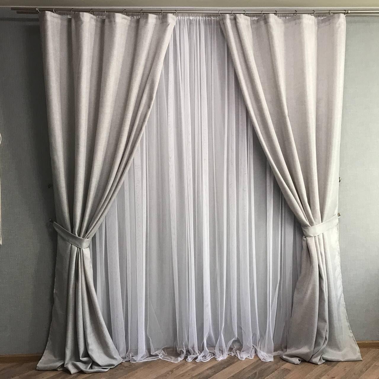 Шторы готовые льняные с шифоновым тюлем Светло-cерый