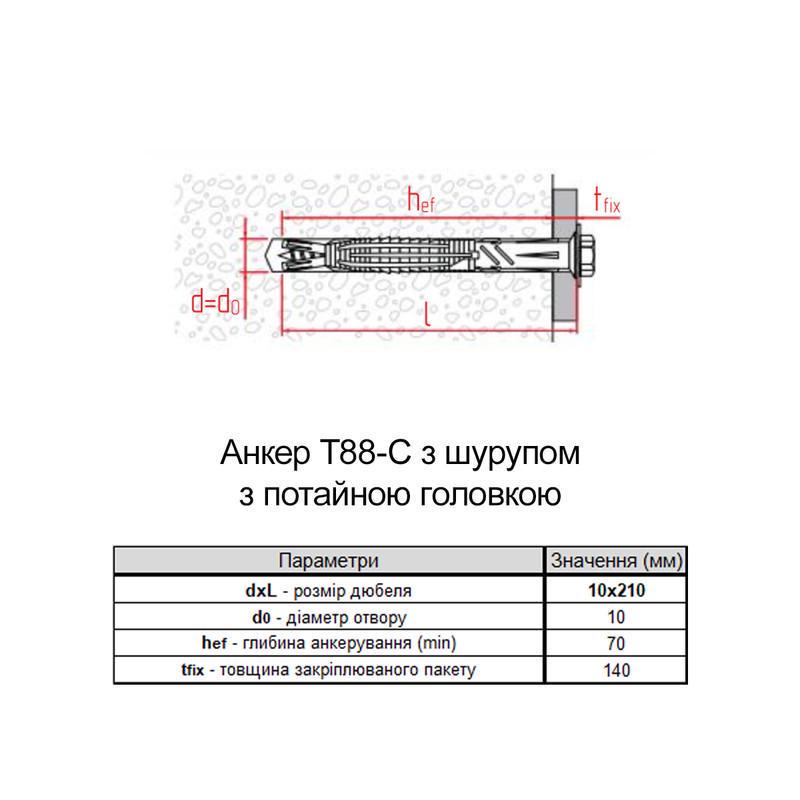 Дюбель Elematic T88-C 10х210 прижим 140 мм нейлон с шурупом потайная головка цинк 25 шт. (92A10000092A1X0B1T) - фото 2