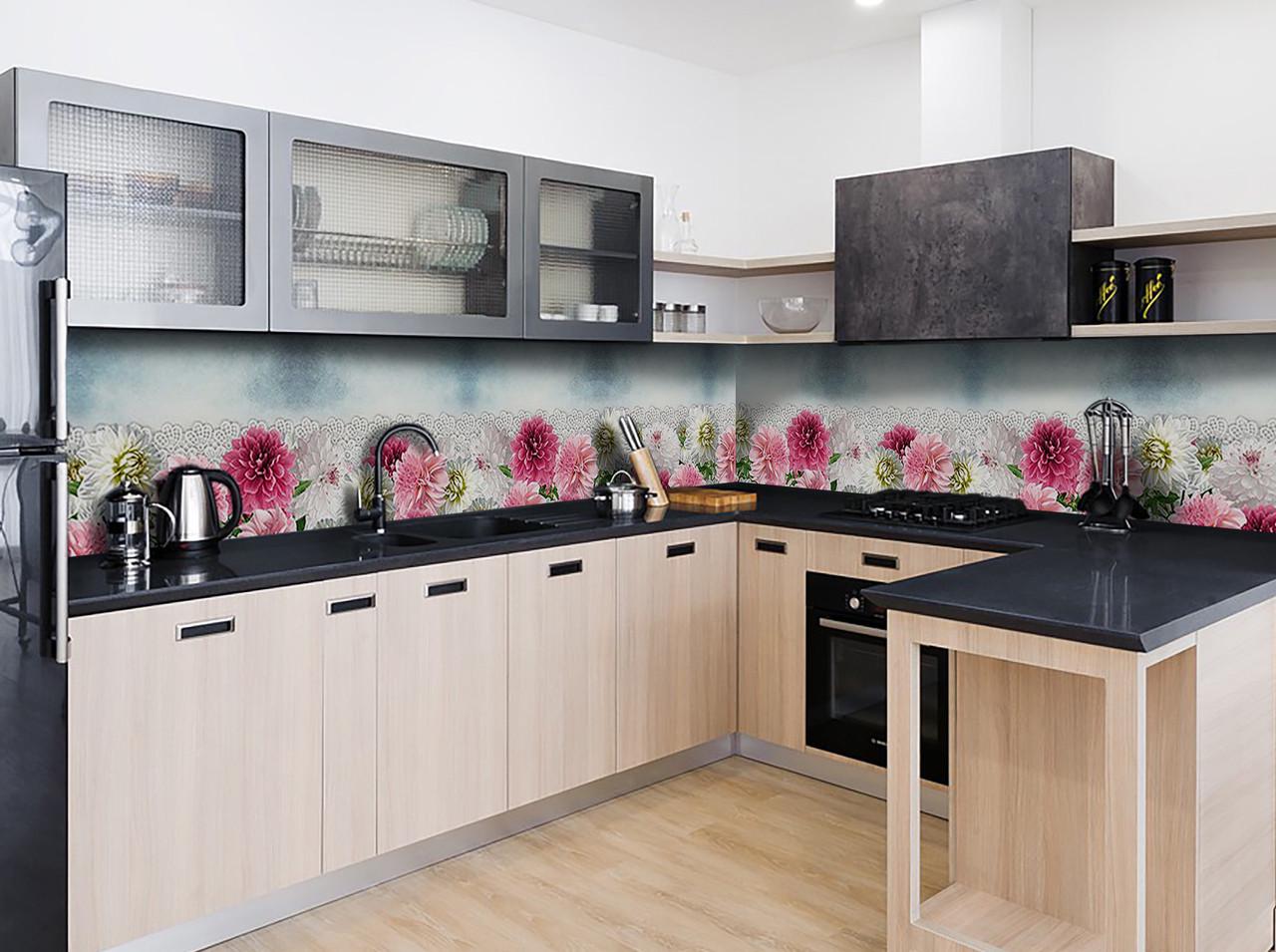 Кухонный фартук Розовые георгины из самоклеющейся виниловой пленки 60х300 см Серый