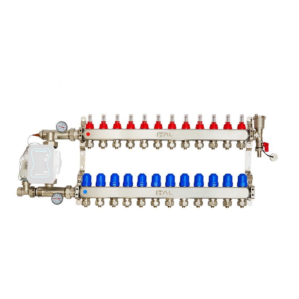 Комплект коллектора с расходомерами ITAL UHW-A012 из нержавеющей стали с прямым подключением Комплект коллектора с расходомерами ITAL UHW-A012 из нержавеющей стали с прямым подключением