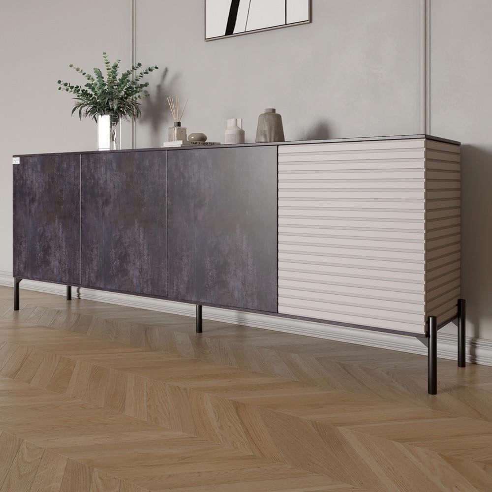 Комод в гостиную на черных металлических ножках Lion Грей 204x38x76,5 см Бетон темный/Кашемир (Lion-042629)