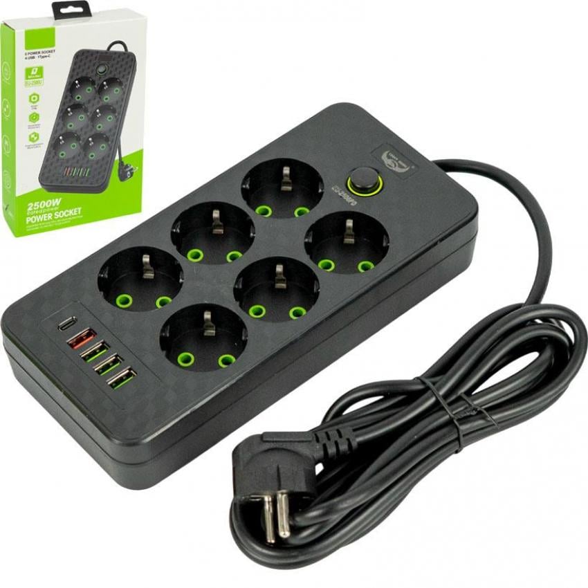 Фильтр-удлинитель сетевой 6 розеток 4USB и Type-C Port 3 м Черный