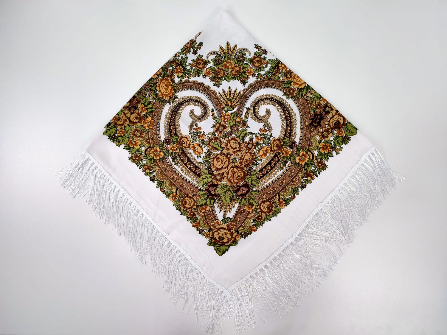 Платок в народном стиле с узорами Букет роз 120х120 см Белый М26 (29416896)