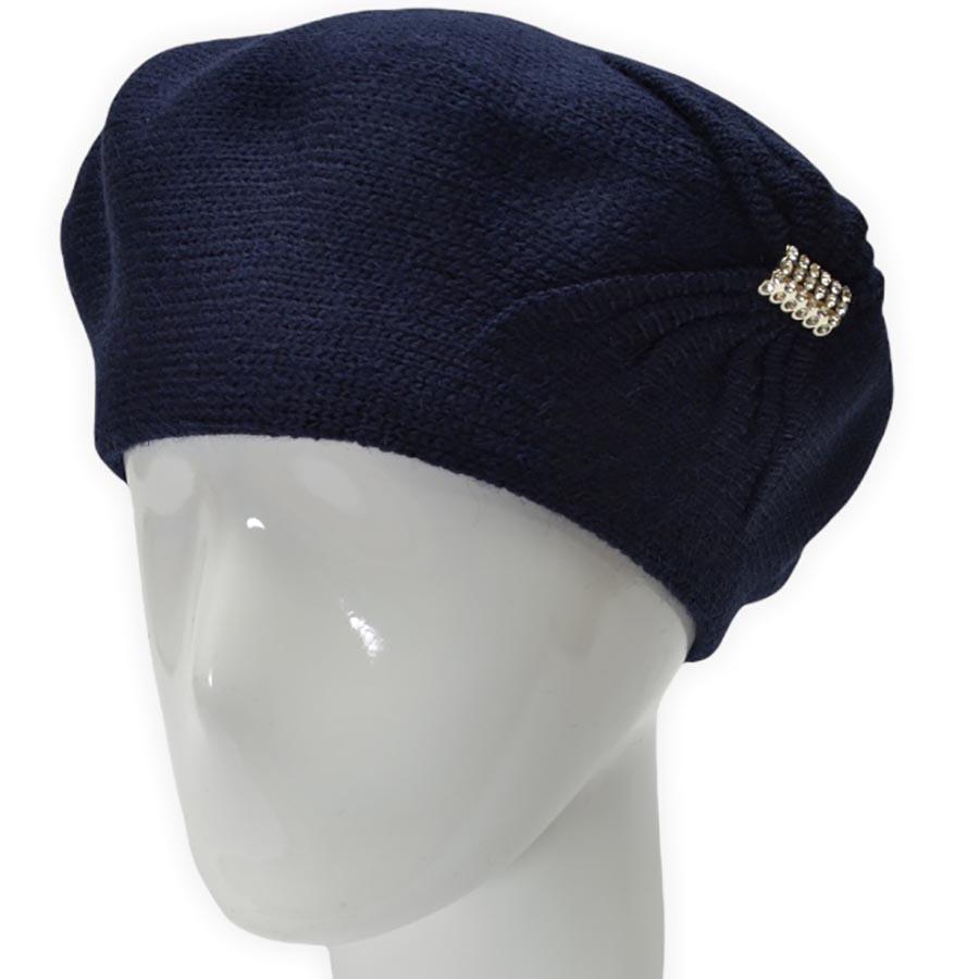 Берет женский Lirus Бонжур из шерсти двойной с узором сбоку и брошью Синий
