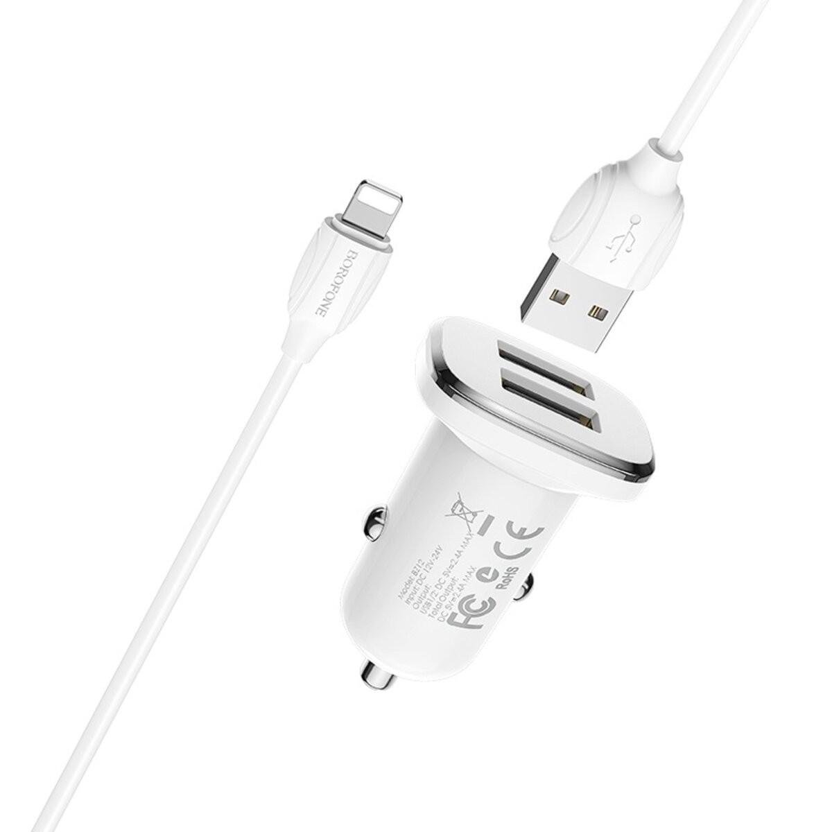 Зарядний пристрій автомобільний Borofone 2 USB Lightning Iphone BZ12 Car Charger White (6931474708656)